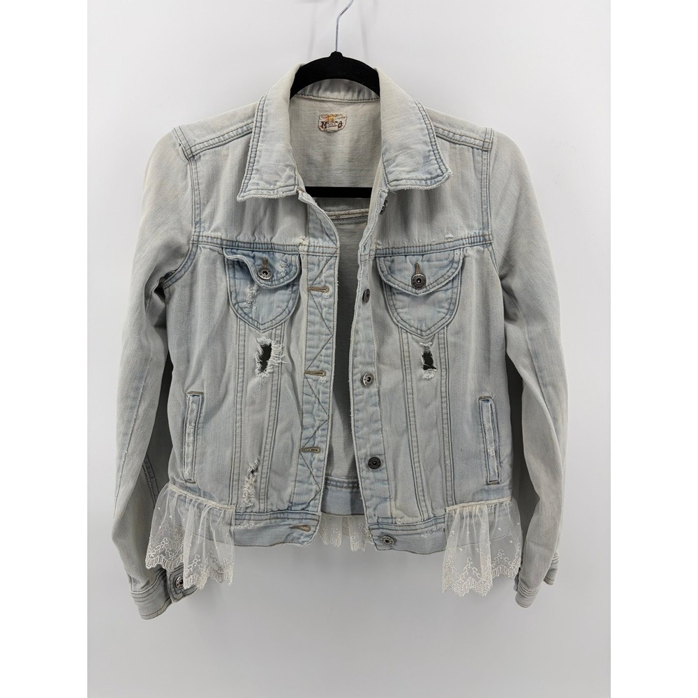 Mudd, Light Wash Denim Jacket, Vintage, White Lace Ruffle Trim Hem, Women S